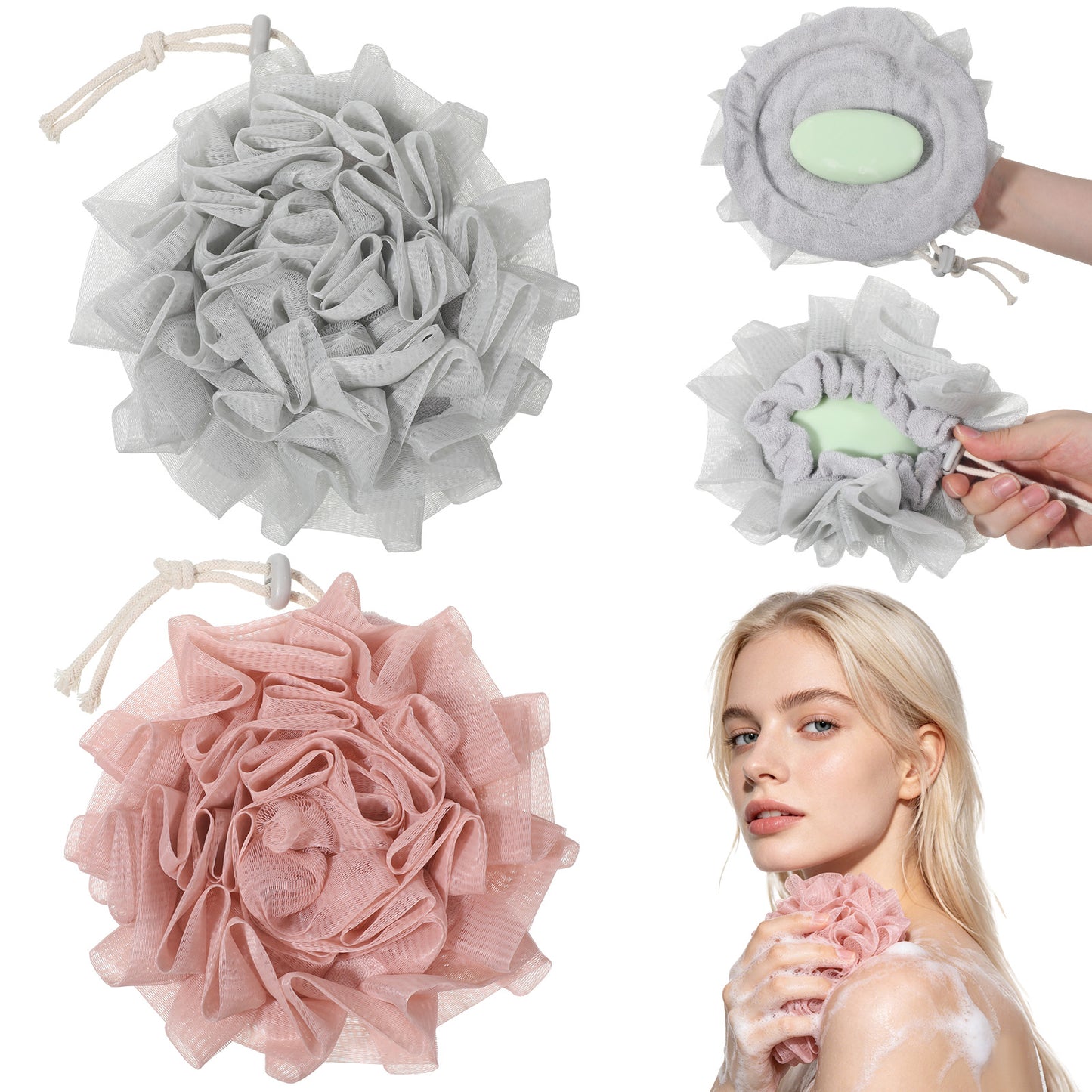 Hadnves Loofah Soap Bar 2-in-1 Loufee Wash Cloth that Holds Reusable Washcloth Combo Saver Pouch Soap-Exfoliation Softer Mesh Shower Ball Dish Bathing Drawstring Cleansing Puff for Body Smooth