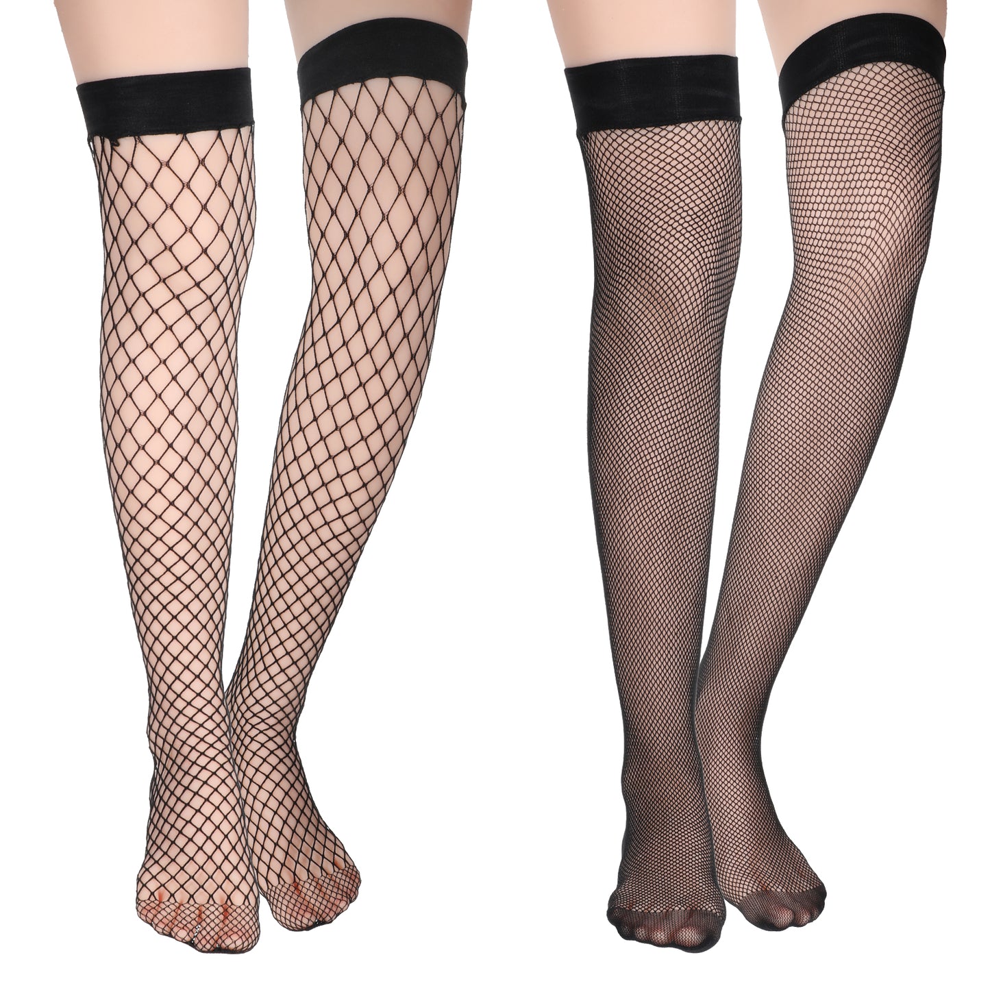 Wanmu 2 Pairs Fishnet Thigh High Stocking for Women Black Top Sheer Over Knee Silky Stockings