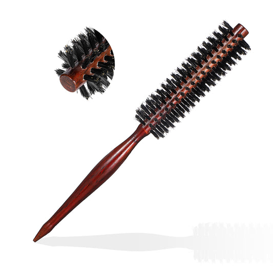 Wanmu Small Boar Bristle Round Brush, 1.3 inch Natural Portable Mini Round Hair Brush with Wood Handle for Women and Men's Fine, Thin Hair or Beards, Straightening Curling Volumizing Detangling