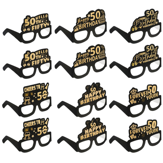 12 PCS 50th Birthday Paper Glasses Black Gold Eyeglasses Birthday Party Decoration Supplies Funny 50th Birthday Photo Props Vintage Birthday Costume Accessories for Men Women Fifty Years Old(50th)