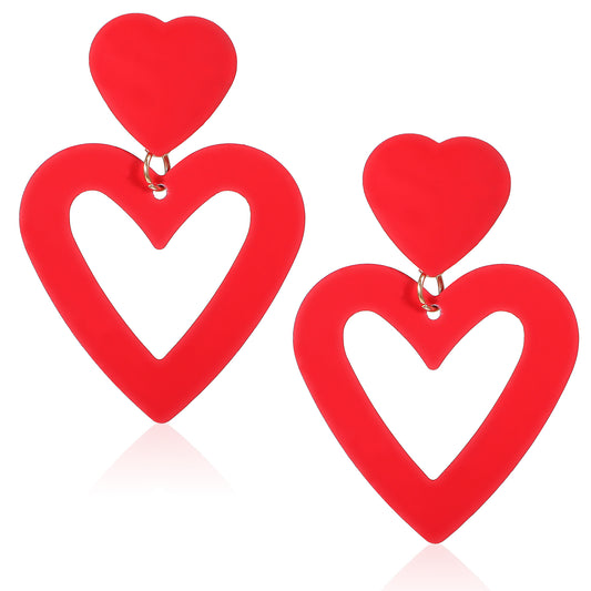 Sibba Double Heart Earrings 2 Pairs Love Heart Earrings Dangling Drop Earrings Hot Pink Studs Back Removable Ear Studs Jewelry Costumes Accessories for Valentine's Day Christmas Women Party (Red)