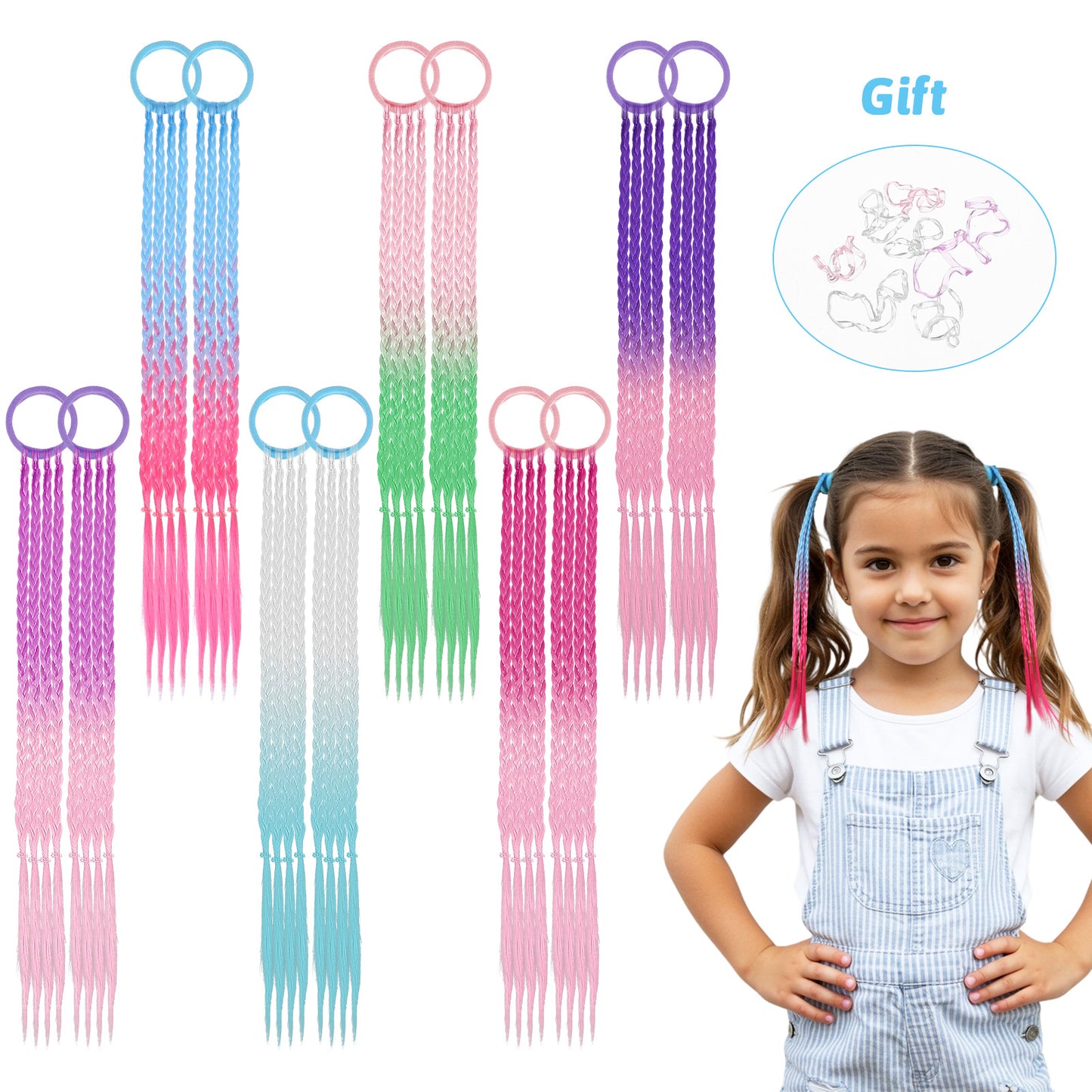 Dimeho 12 Pcs Rainbow Ponytail Hair Extension Coloured Hair Extensions for Kids 16 Inch Clip-in Extensions with Tie Ombre Braiding Hairs Accessories for Girls Birthday Party Favors Performance