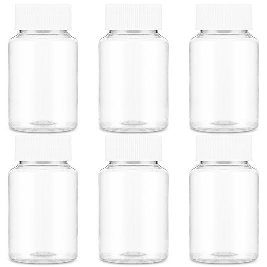 Sibba Clear Pill Bottle 6 Pcs Empty Medicine Organizers 150ML Jar Powder Box Storage Transparent Reagent Containers Plastic Dispenser Leak Proof Caps Receptacle for Toiletries Counter Labels