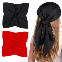 Qianyu Women Satin Square Head Scarf Medium Neck Scarve Like Silk Sleeping Hair Wrapping Night Square Solid Hair Bandana, Black Red, 27.5 × 27.5 inches