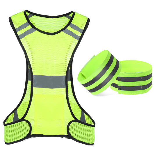 Reflective Running Vest with 2 Reflectives Wristbands High Visibility Running Gear with Large Pocket Lightweight Reflective Safety Vest Suitable for Night Runners and Night Shift Workers