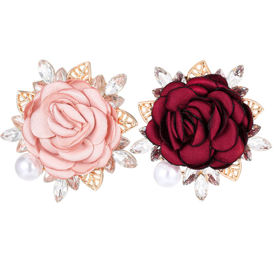 Wanmu Rose Flower Brooch Pin Elegant Handmade Crystal Boutonniere Pink Pearl Fabric Lapel Pin Wedding Party Gentleman's Essentials