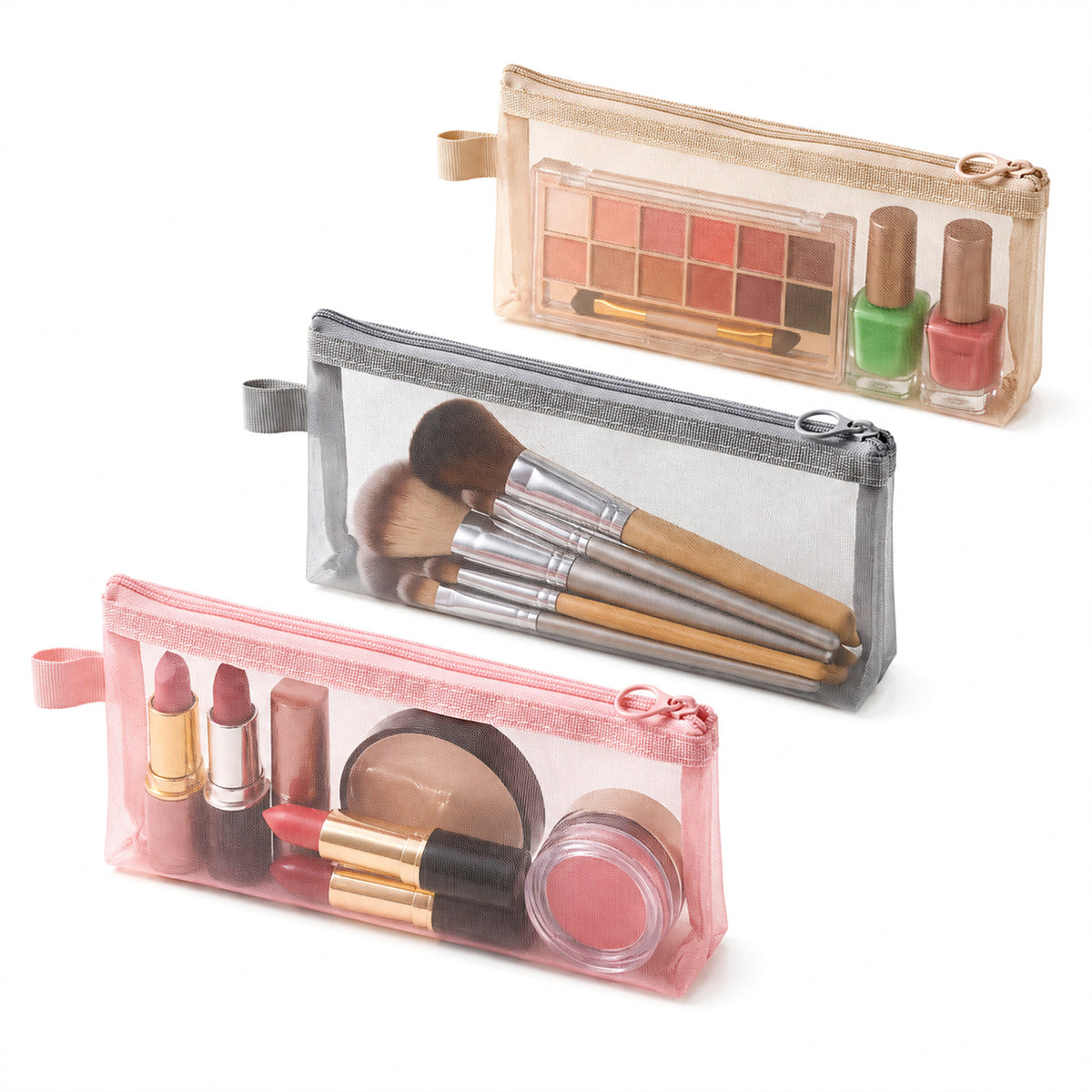 Heclia 3PCS Mesh Makeup Brush Bag Travel Cosmetic Bags Nylon Zipper Pouch