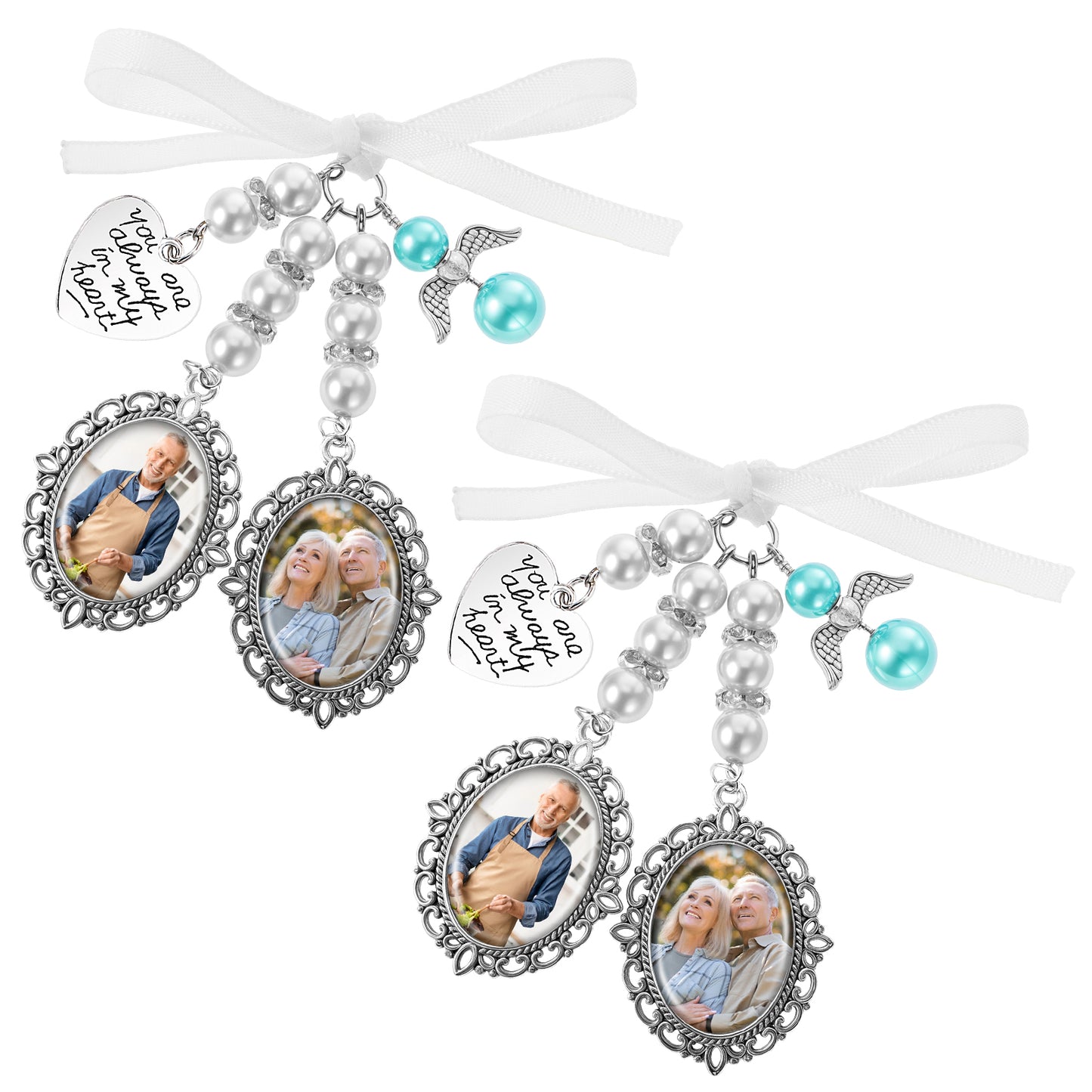 2 Pcs Wedding Bouquet Photo Charm Memorial Jewelry Pendant You Are Always In My Heart Personalized Ribbon Bow Picture Frames Customized Pearl Silvertone Keepsake for Bride Wed Flower