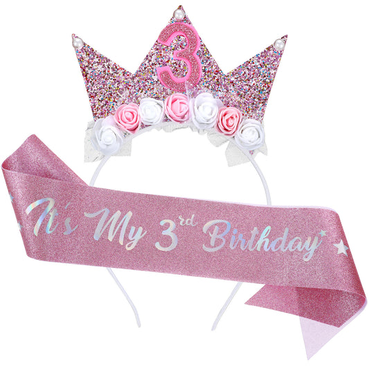 Wanmu 3rd Glitter Sash & Birthday Girl Headband Set, 3 Year Old Birthday Decorations, Tiara Flower Princess Crown Headband for Happy 3rd Birthdays Outfit (Pink)