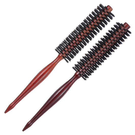 Wanmu 2 Pcs Small Boar Bristle Hair Brush, Natural Bristles Round Brushes, Roller Beard Hairbrush with Wood Handle for Women Men Blow Drying, Styling, Thin or Short Hair, Restore Shine