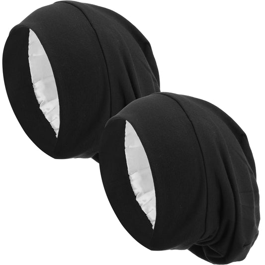 Wanmu 2Pcs Silk Bonnet for Sleeping, Adjustable Elastic Satin Silky Lined NightCap, Soft Double Layer Hair Bonnet Sleep Cap for Curly Protection Women Men (Black)