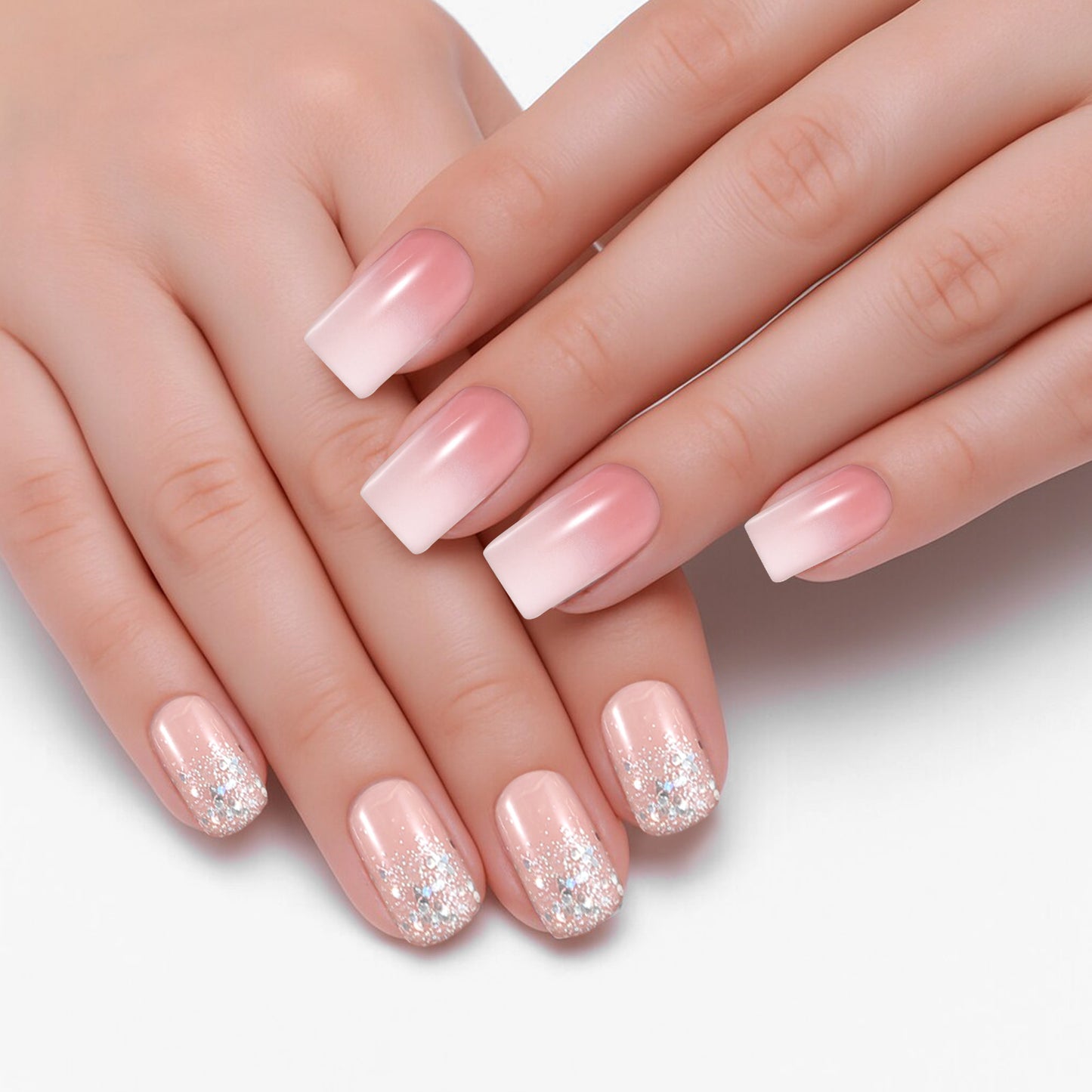 Wanmu 48 Pcs Short Square Press on Nails, 2 Style Reusable Acrylic Fake Nails with Glue Tabs and Nail File, Artificial French Ombre Nail for Women Manicure Nail Art