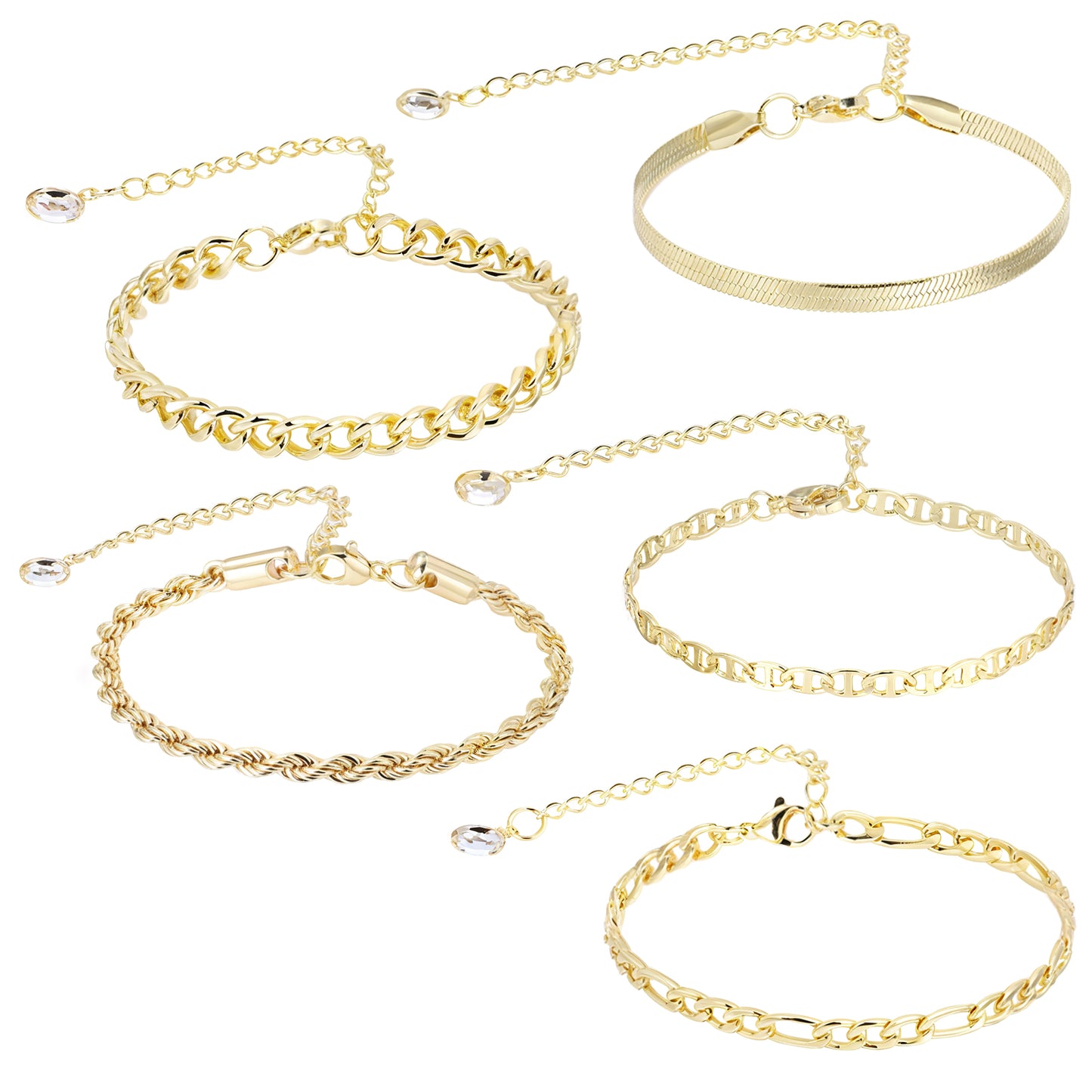 COMNICO Ankle Bracelets for Women, 5Pcs 14k Gold Plated Waterproof Jewelry Layered Cuban Figaro Link Chain Herringbone Summer Beach Jewelry Gift Cute Anklets Set