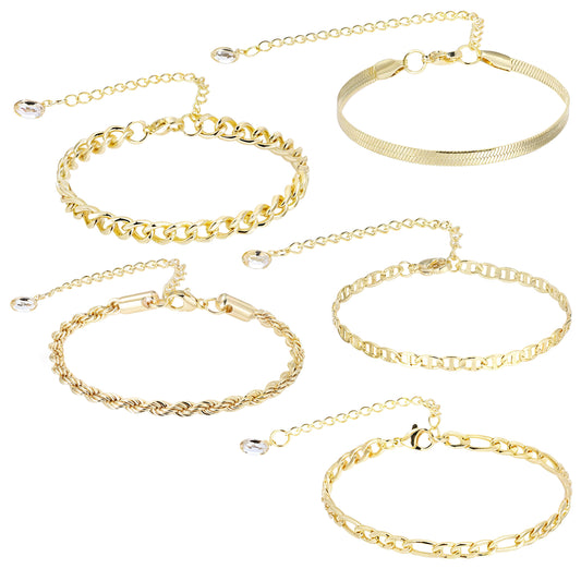 COMNICO Ankle Bracelets for Women, 5Pcs 14k Gold Plated Waterproof Jewelry Layered Cuban Figaro Link Chain Herringbone Summer Beach Jewelry Gift Cute Anklets Set