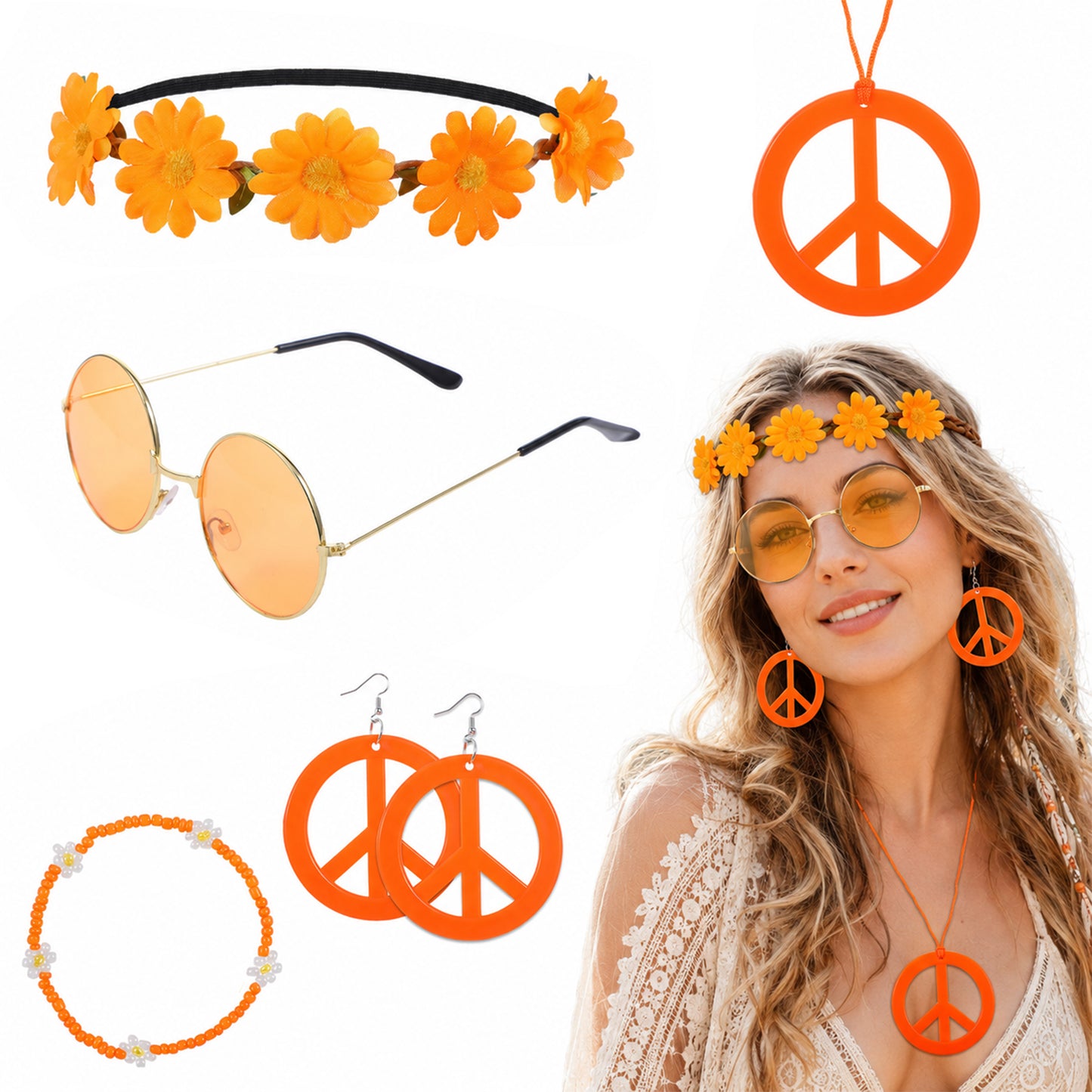 Wanmu 5Pcs Hippie Accessories for Women 60s70s Hippie Costume Accessory Set