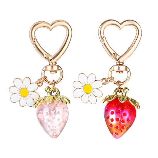 Wanmu 2Pcs Cute Strawberry Keychain, Heart Flower Dais Bag Charms Keyrings, Kawaii Fruit Purse Charm Key Chains Accessories for Girls Women Handbags Decor Gift