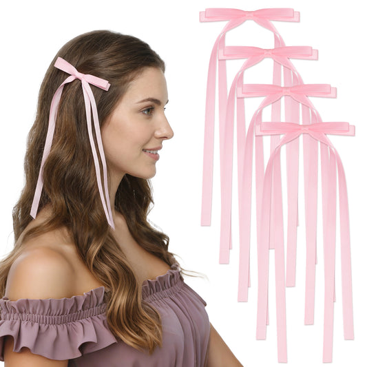 COMNICO Pink Hair Bow for Girls, 4Pcs Red Bow Hair Accessories Tassel Ribbon Bowknot HairClips Barrettes Long HairBow Satin Ribbon Accessories for Women Valentine's Day