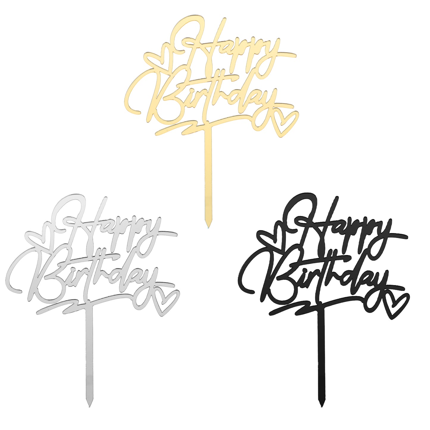 COMNICO 3PCS Cake Toppers, Acrylic Heart ‘Happy Birthday’ Party Cupcake DIY Cake Insert Decorations Supplies (Black Gold Silver)(Double Heart)