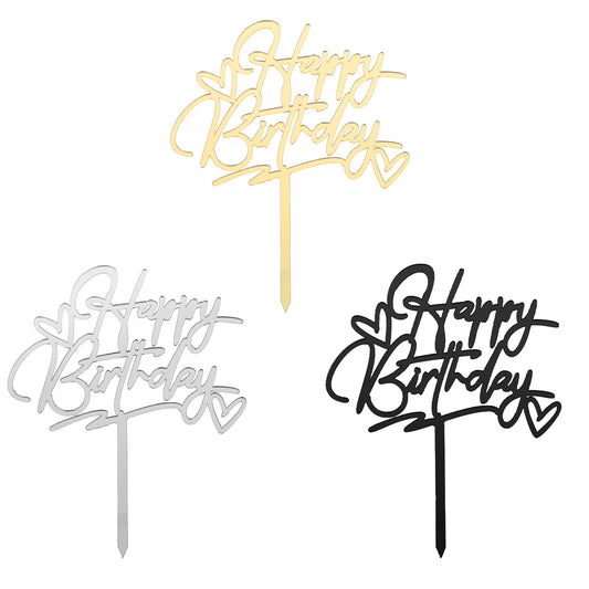 COMNICO 3PCS Cake Toppers, Acrylic Heart ‘Happy Birthday’ Party Cupcake DIY Cake Insert Decorations Supplies (Black Gold Silver)(Double Heart)