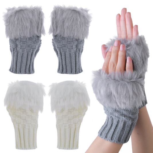 Sibba 2 Pairs Fingerless Winter Gloves Faux Fur Knitted Gloves Thumb Hole Warm Gloves Elastic Wrist Mittens Gloves for Women Girls