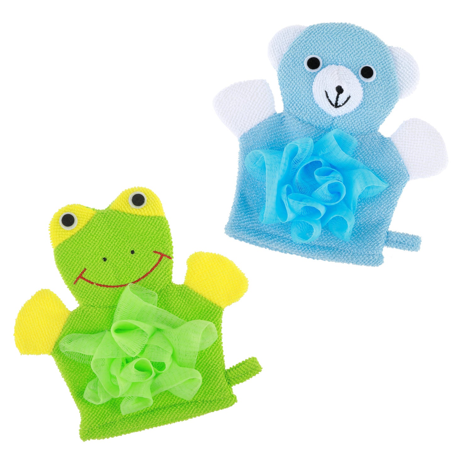 Wanmu Bath Gloves Loofah for Kids, 2 Pcs Cute Animal Kids Sponges Shower Gloves Loofah Colorful Exfoliating Body Scrubber for Baby Gentle Soft and Easy to Lather (Blue Bear and Green Frog)