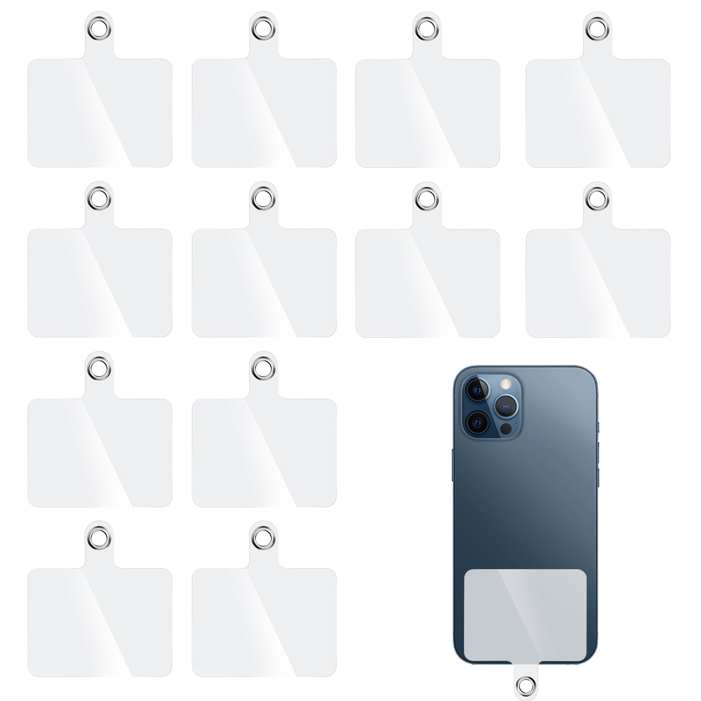 Wanmu 12Pcs Phone Tether Tab, Universal Clear Cellphone Patch for Crossbody Lanyard, Cell Phone Accessories with Metal Rings for Most Smartphones