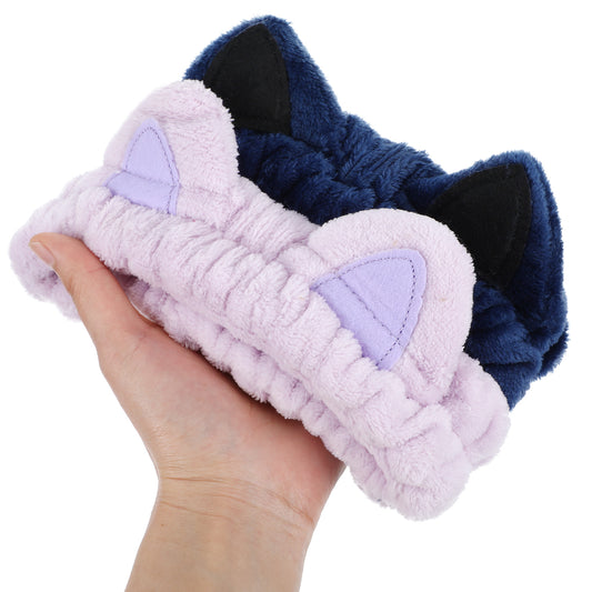 Cute Cat Spa Headband for Washing Face Makeup Skincare, 2 Packs Animal Headbands for Women Girls Trendy Stuff Gifts Soft Coral Fleece Facial Wash Hair Accessories Party Makeup Accessories(Blue,Purple)