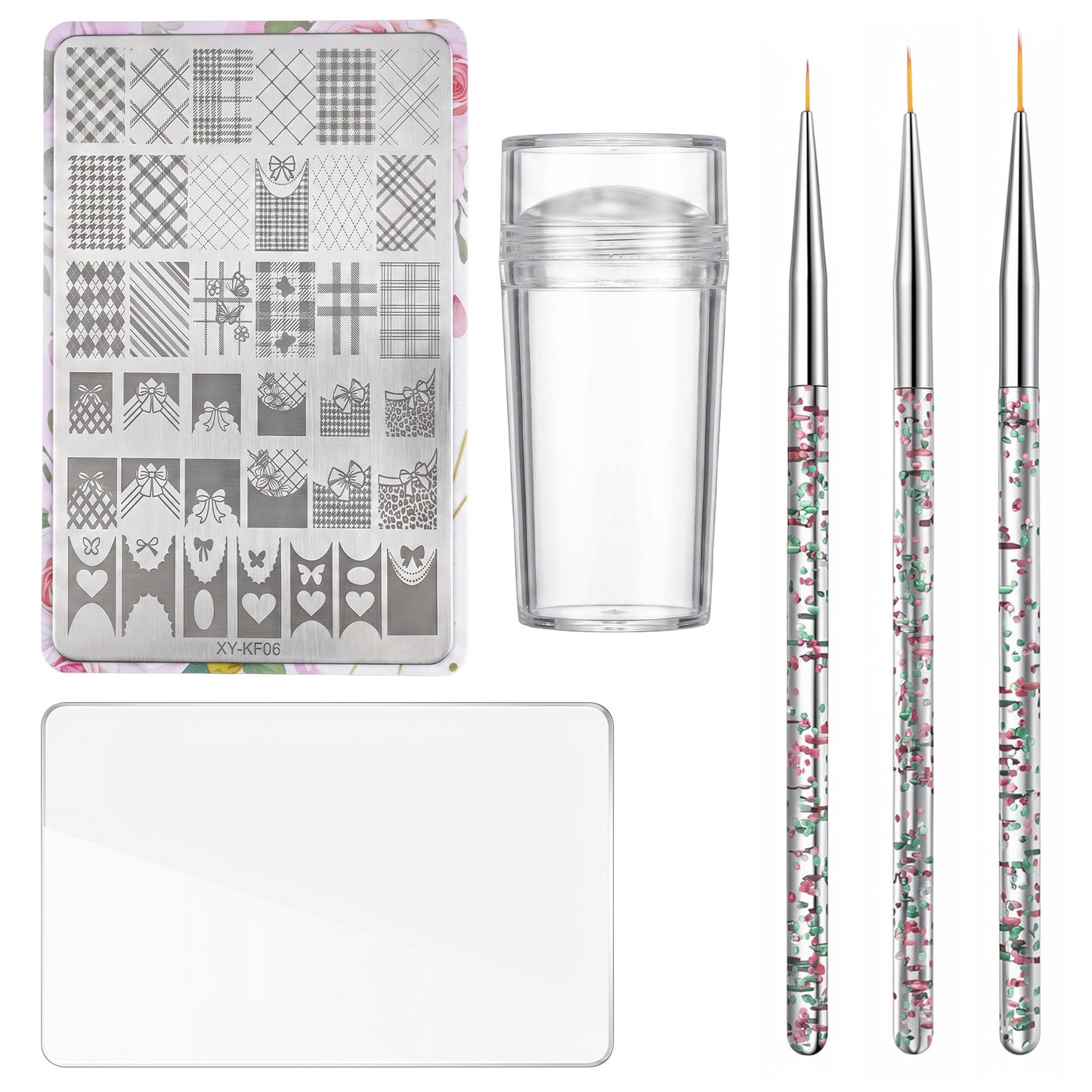Gsbnjuy 6 PCS French Tip Tool Nails Stamping Plates Set Nail Stamper and Liner Nail Art Brushes Clear Silicone Nails Design Tools Stamp Liner Brush with Scraper for DIY French Manicure Home Salon