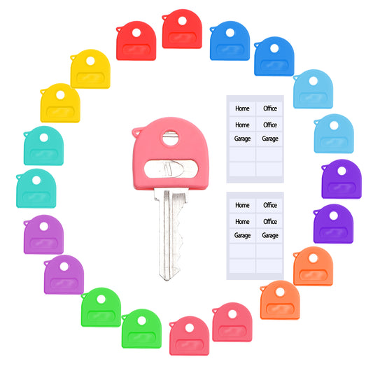 Wanmu 16Pcs Key Covers Caps, Colored Stretchy Key Tags Identifiers, 1 Inch Cute Cap Protectors with Blank & Printed Labels fits Most Keys for House Classification Organization-10 Color