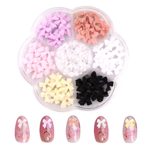COMNICO Nail Charms, 240Pcs Colorful Bow-Knot Nail Stud Rhinestones Crystal Nail Bows Charm and Flatback Pearls Nail Art Decoration Accessories Acrylic Nail Supplies for Nail Jewelry DIY Crafts