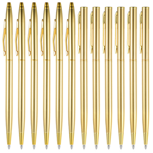 Dimeho 12 Pcs Slim Gold Ballpoint Pens Retractable Metallic Black Ink Pens 1.0 mm Medium Point Pen Mini Conical Pen Tiny Smooth Writing for Men Women Office Business Wedding Christmas