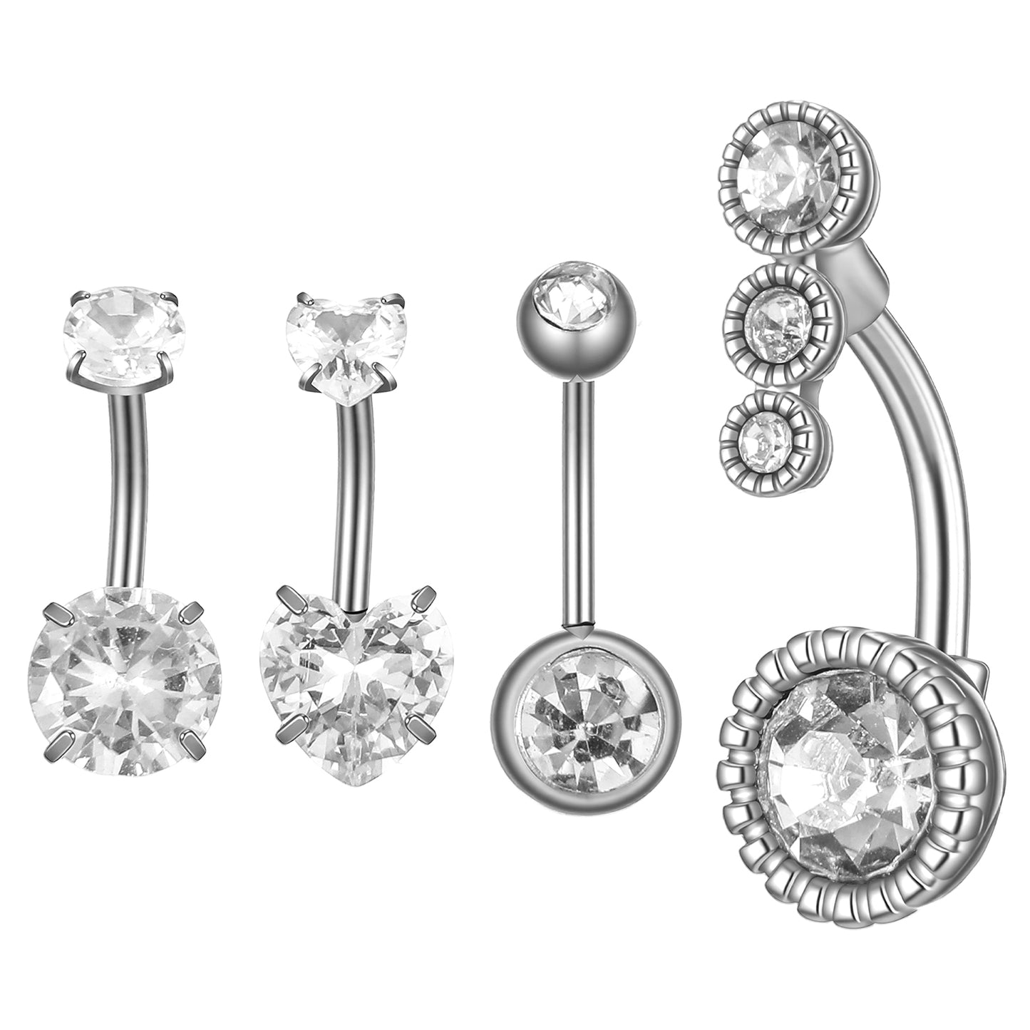 Qianyu 4 PCS Belly Button Rings 14G Stainless Steel Belly Piercing Navel Rings Dangling Piercing Jewelry Silver for Women