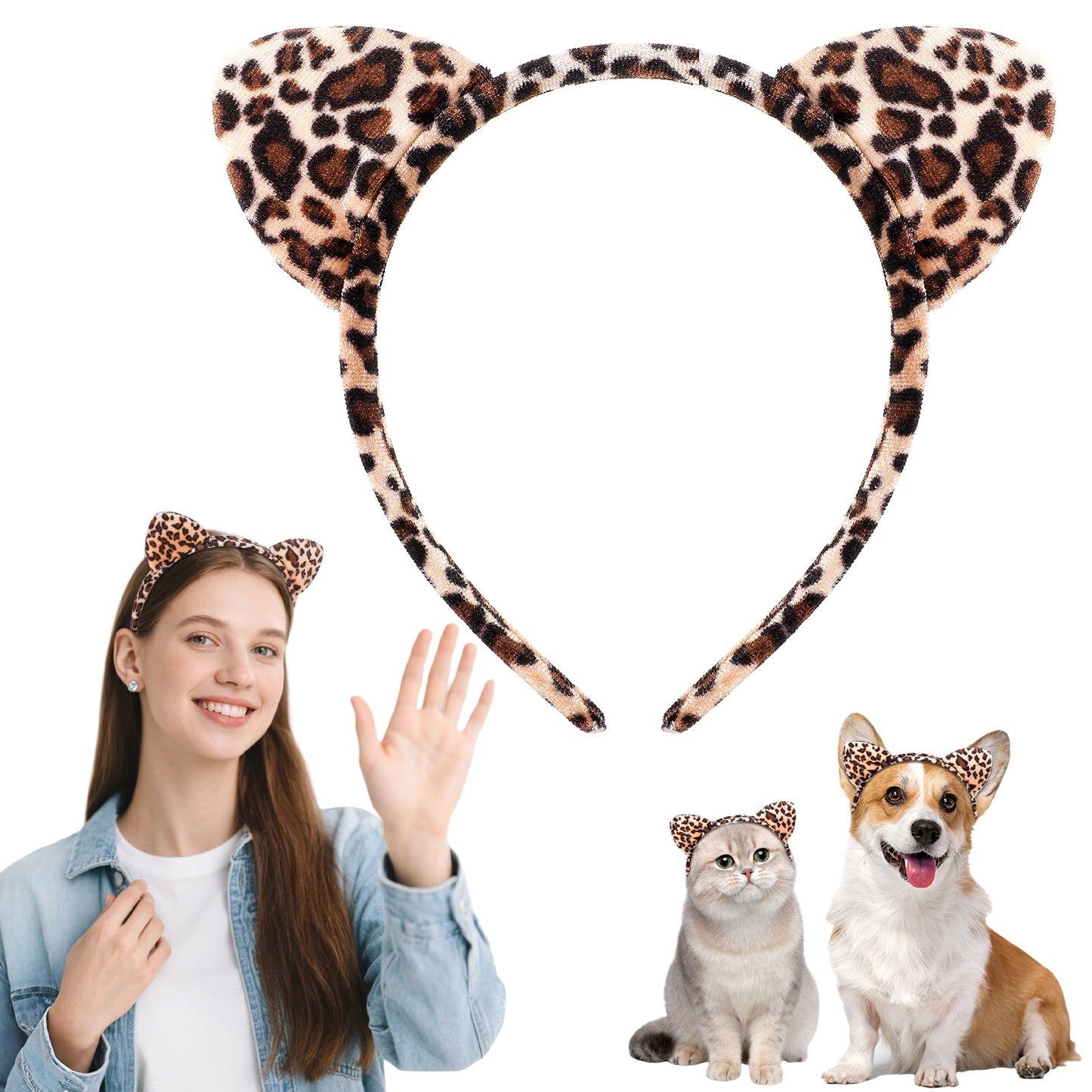 COMNICO Cat Ears Headbands, Plush Soft Cute Washing Face Head band Fuzzy Kitten Makeup Hair Headbands for Mask Skincare Spa Yoga Halloween Parties Cosplay(Leopard print)