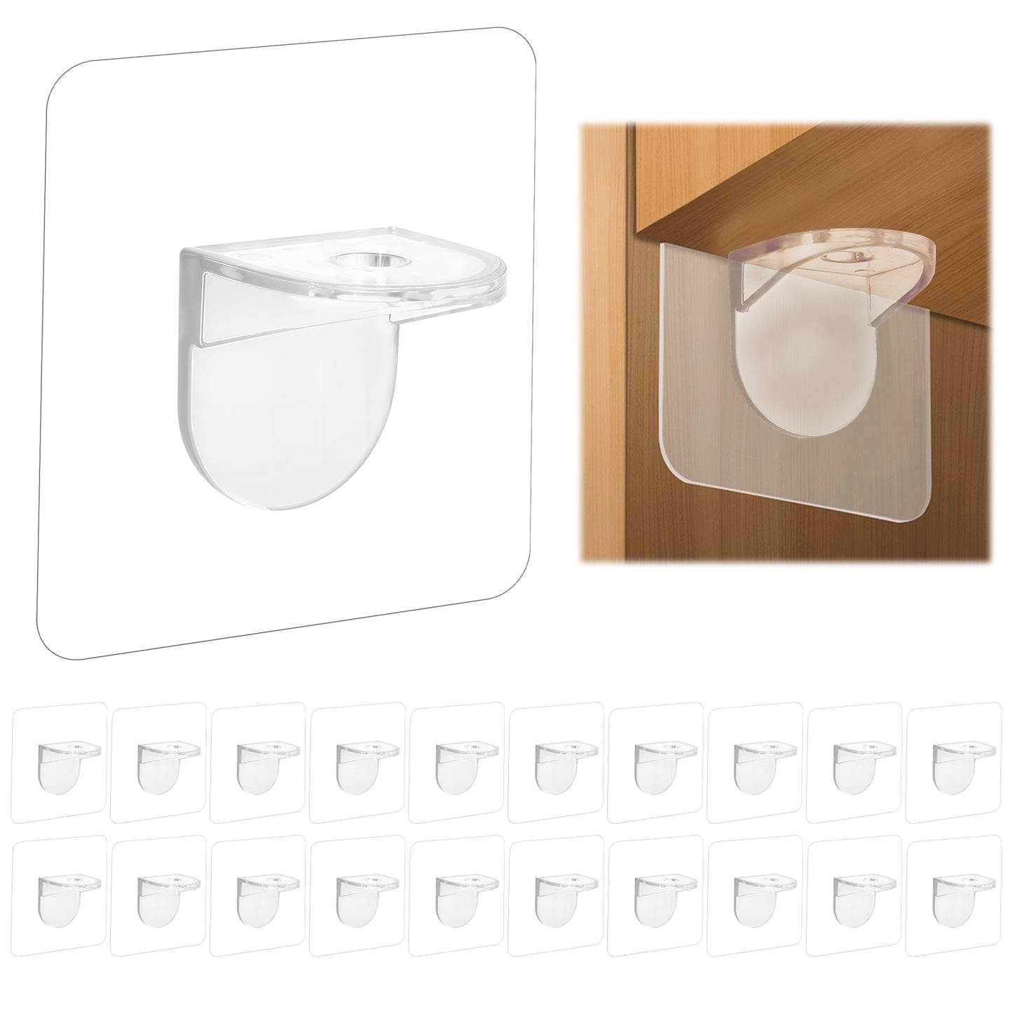 20 Pcs Plastic Self Adhesive Bracket Shelf Support Peg Partition Pin Kit Clear Plastic Replacement for Furniture Kitchen Cabinet Book Shelves Closet Brackets Clapboard Layer