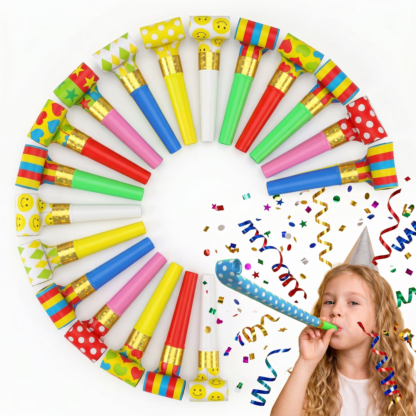 KFHENSOMR 20 Pcs Party Blower Blowouts, Noisemakers Funny Blow Horns Colorful Birthday Whistles Noisemakers Whistle New Years Party Blowouts