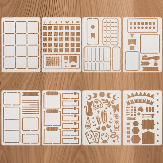 8Pcs Journal Stencils Planner Stencil DIY Drawing Templates Happy Planner Stencils Journaling Supplies Accessories for Notebook Cards Scrapbook Journal Planners Cards Decorations DIY