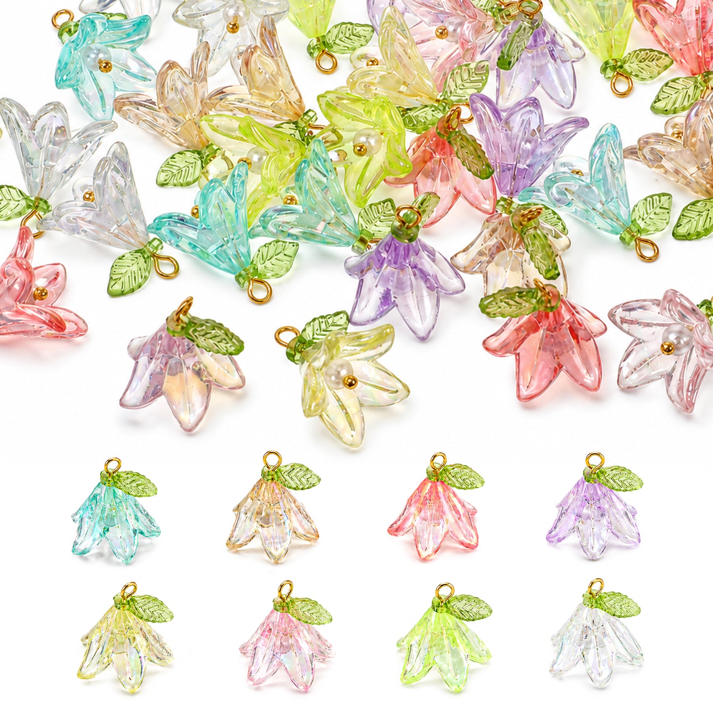 Gsbnjuy 32 Pcs Acrylic Flower Pendants Flower Beads Charms for Jewelry Making Cute Lily Floral Pendant Charms 20mm Colorful Flowers Charm for Women DIY Crafts Bracelets Necklaces Earrings Adults