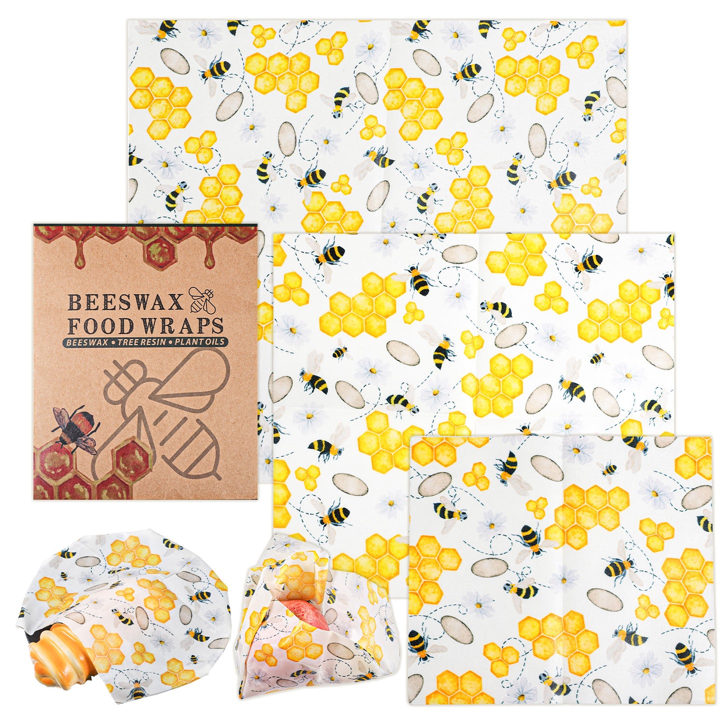 KFHENSOMR 3Pcs Beeswax Food Wrap Roll Cut-to-Size Organic Reusable Beeswax Wrap, Plastic-Free Cling Film Alternative for Food Storage, Ideal for Sandwiches, Bread, Cheese, Fruit & Bowl Covers 3 Size