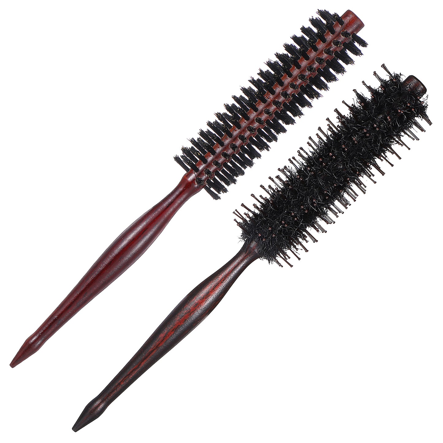 Wanmu 2 Pcs Small Boar Bristle Round Hair Brush Set, Wooden Handle with Nylon Pin for Women and Men's Fine, Thin Hair or Beards, Straightening Curling Volumizing and Detangling