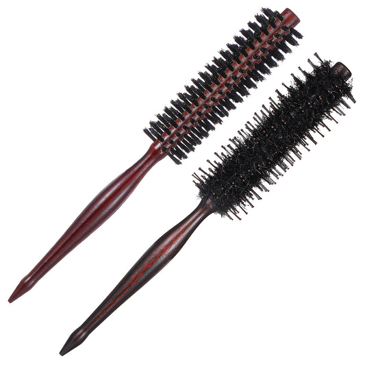 Wanmu 2 Pcs Small Boar Bristle Round Hair Brush Set, Wooden Handle with Nylon Pin for Women and Men's Fine, Thin Hair or Beards, Straightening Curling Volumizing and Detangling