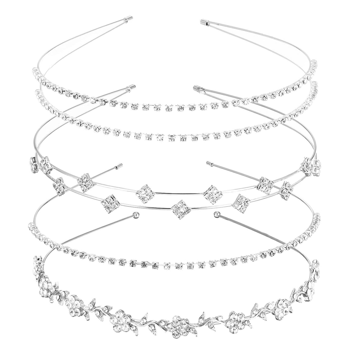 4pcs Rhinestone Headband Silver Bridal Wedding Headband Crystal Flower Girl Leaves Crown Metal Hair Band Tiara Prom Hair Accessories Flower Leaf Headpiece for Women Girls Gift