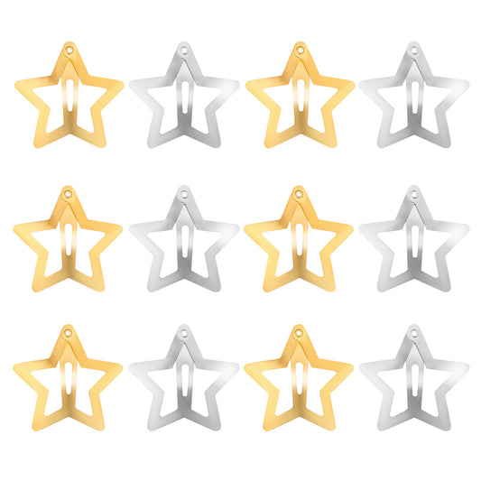 12PCS Metal Star Snap Hair Clips, 1.6 Inches Star Hair Clips for Kids Girls and Women, Silver/Gold/Black Star Snap Hair Barrettes, Non-Slip 2000s Y2K Star Cute Snap Hair Accessories(Gold&Silver)