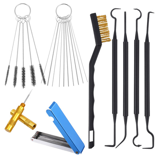 Carburetor Cleaning Kit Tip Cleaner Set Includes 1 Single Head Brush 5 Nylon Brushes 23 Needles 4 Cleaning Hooks 1 Scraper and 1pcs Box for Auto Motorcycles ATV Welder Lawn Equipment