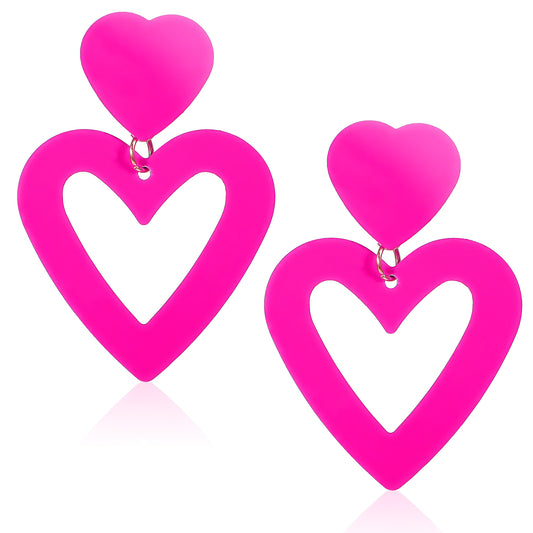Sibba Double Heart Earrings 2 Pairs Love Heart Earrings Dangling Drop Earrings Hot Pink Studs Back Removable Ear Studs Jewelry Costumes Accessories for Valentine's Day Christmas Women Party (Pink)