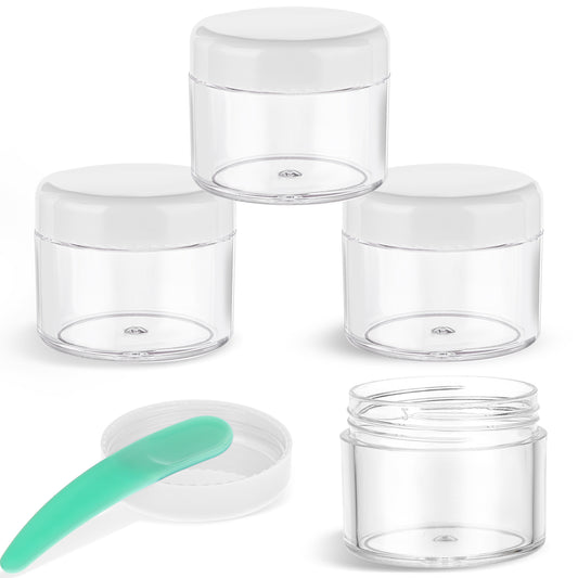 4 Pcs Plastic Cosmetic Jars with Lids Spatula Travel Cream Jars for Toiletries Refillable Makeup Sample Containers 0.7oz Round Travel Leak-proof Jars for Storage Liquid Oils Salves DIY Making (white)