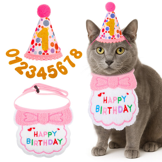 COMNICO Cats Birthday Party Supplies Cats Birthday Hat with Number Pink Kitten Birthdays Bandana Bows Tie Collar for Pet Birthdays Decorations Outfits