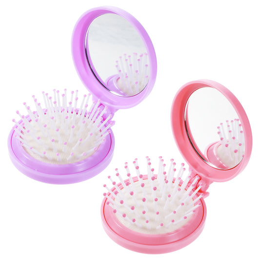 2 PCS Hair Brush with Mirror Compact Folding Brush Travel Round Massage Comb Portable Pocket Hair Brush for Women Girls Thick Thin Short Long Straight Curly Hair