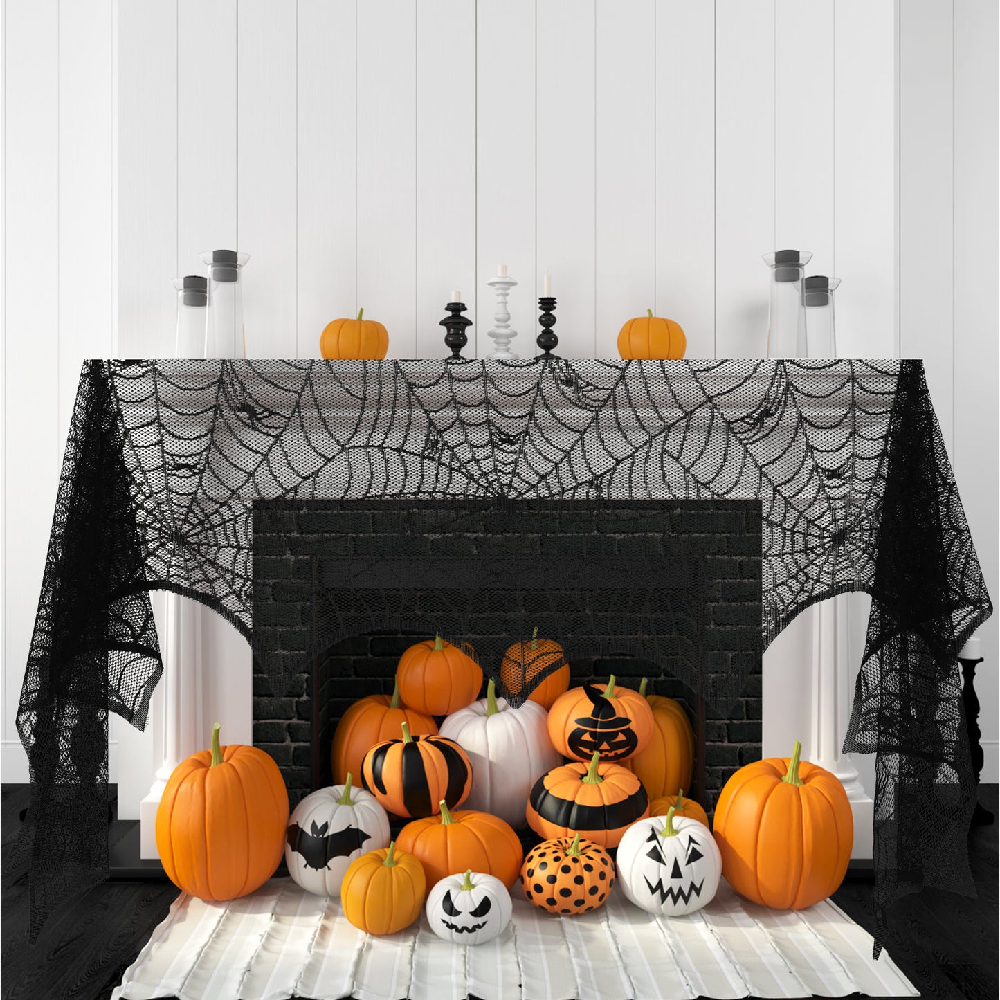 Sibba Halloween Cobweb Fireplace Scarf, Black Lace Spiderweb Mantle Scarf Cover Festive Party Supplies Set for Fireplace Window Door Frame Decoration Festive Party (Style B)