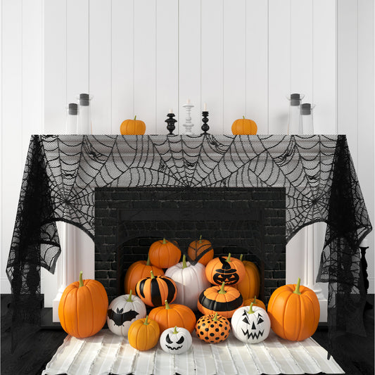 Sibba Halloween Cobweb Fireplace Scarf, Black Lace Spiderweb Mantle Scarf Cover Festive Party Supplies Set for Fireplace Window Door Frame Decoration Festive Party (Style B)