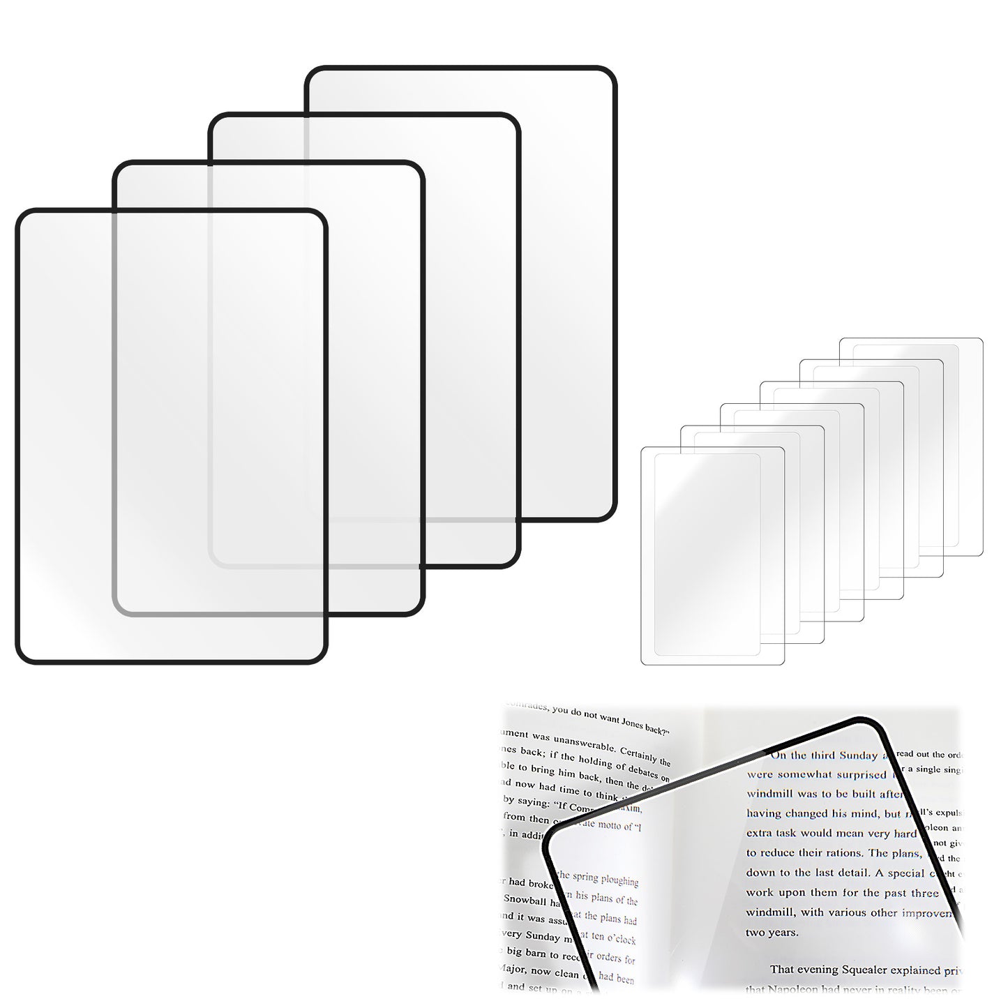Wanmu Magnifying Glass for Reading Books, 4Pcs Large Size and 6Pcs Mini Size 3X Lightweight Page Magnifying Sheet, Plastic Bendable Fresnel Lens for The Elderly and People with Low Vision